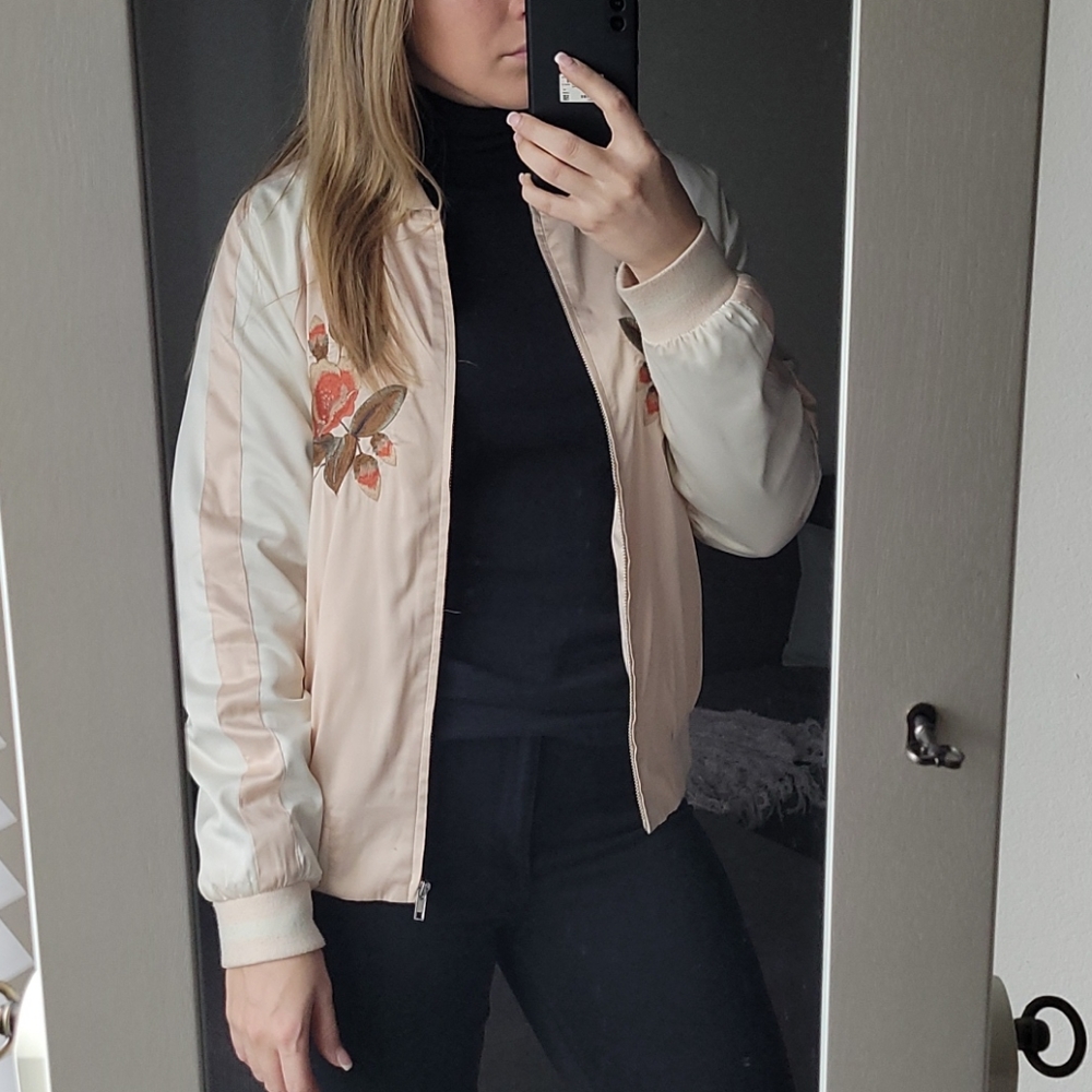 Cute Flower Embroidered Bomber Jacket Zip Up